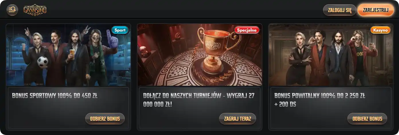Gransino Kasyno strona bonusu powitalnego 100% do 2 250 zł + 200 darmowych spinów