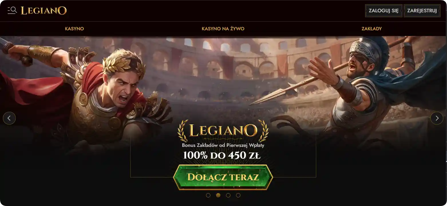 Legiano Casino strona główna kasyna z menu i banerem powitalnym