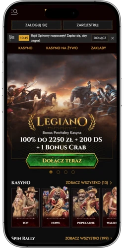 Legiano Casino ekran główny z menu nawigacyjnym na telefonie