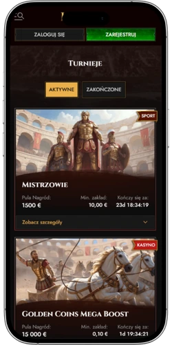 Legiano Casino lista aktywnych turniejów na smartfonie