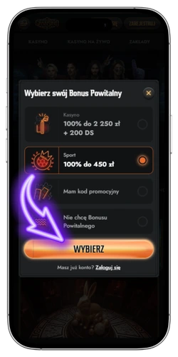 Wybór bonusu powitalnego podczas zakładania konta