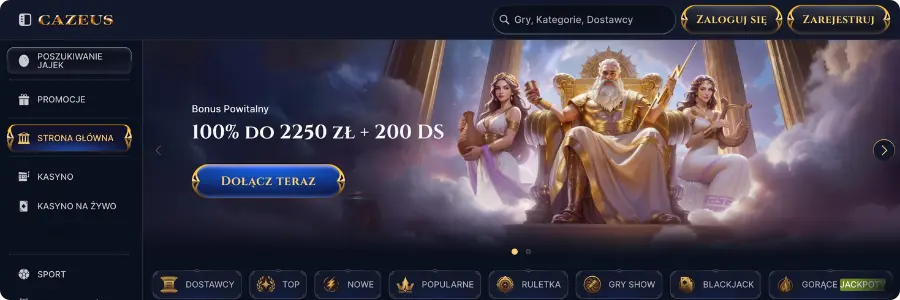 Cazeus – bonus powitalny 100% do 2250 zł + 200 DS z Zeusem i boginiami na tronie