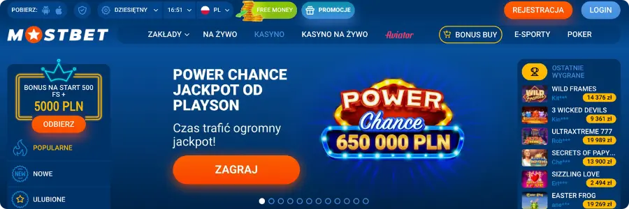 Mostbet – jackpot Power Chance od Playson nawet 650 000 PLN + bonus na start 5000 PLN