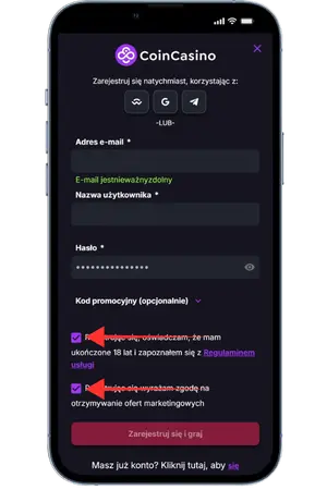 CoinCasino Zaakceptuj regulamin